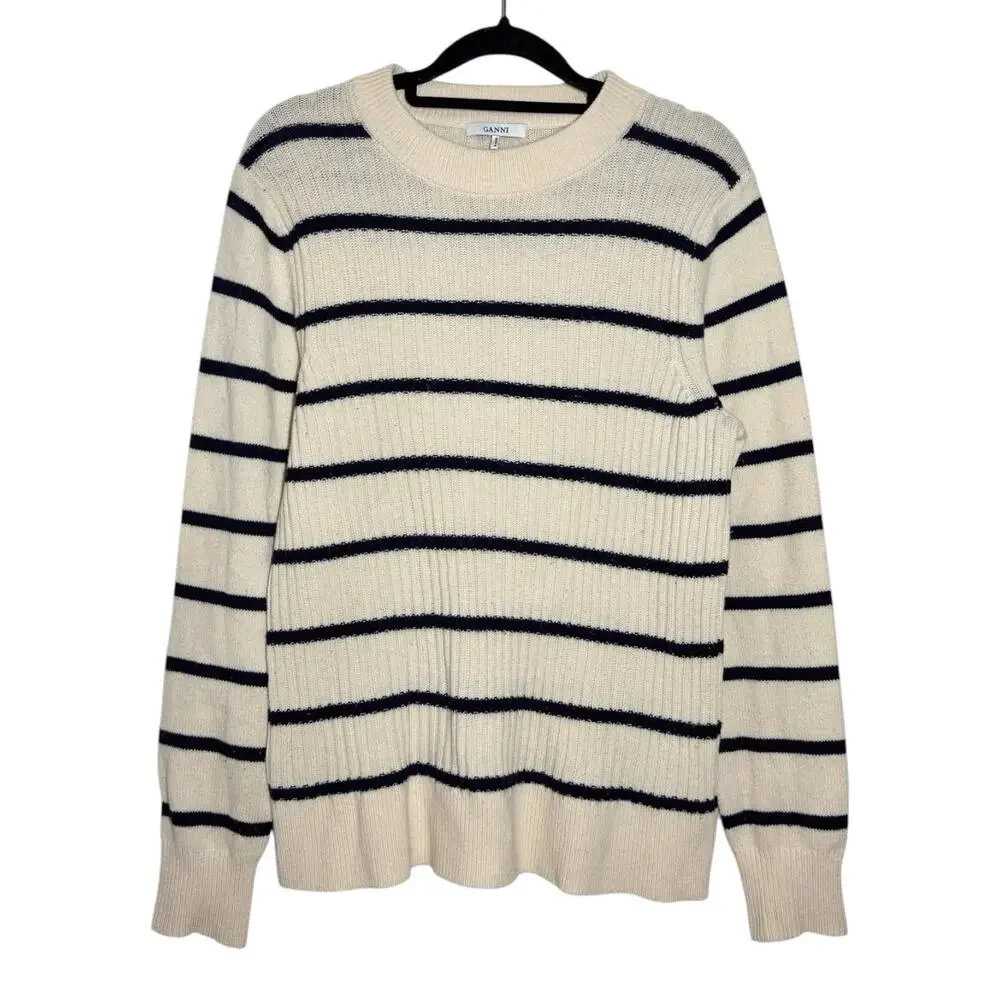 Ganni Cream Black Striped Ribbed Minimal Merino Wool Yak Mercer Sweater Medium
